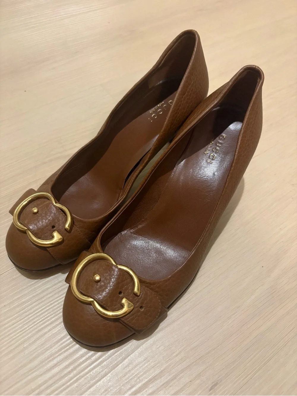 Gucci Tan Leather Heels with Gold Buckle Detail